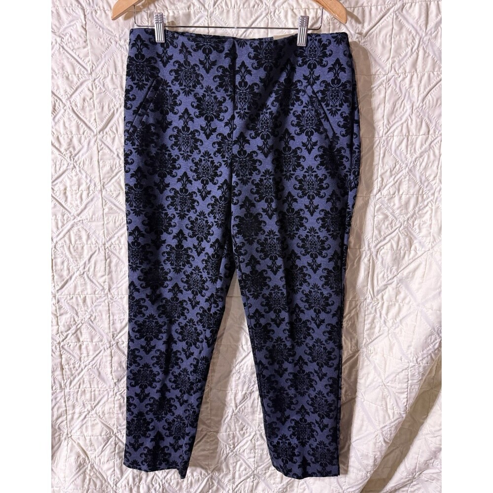 Chico's Women's Blue Black Damask Velvet Ankle Pants Pull-On Stretch Straight